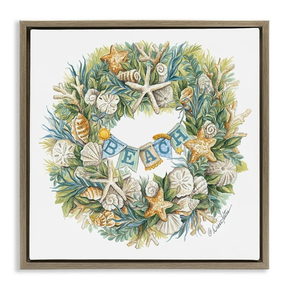 Stupell Industries Holiday Beach Seashell Wreath Holiday Painting Brown Floater Framed Canvas Art Print Wall Art, 25 x 25