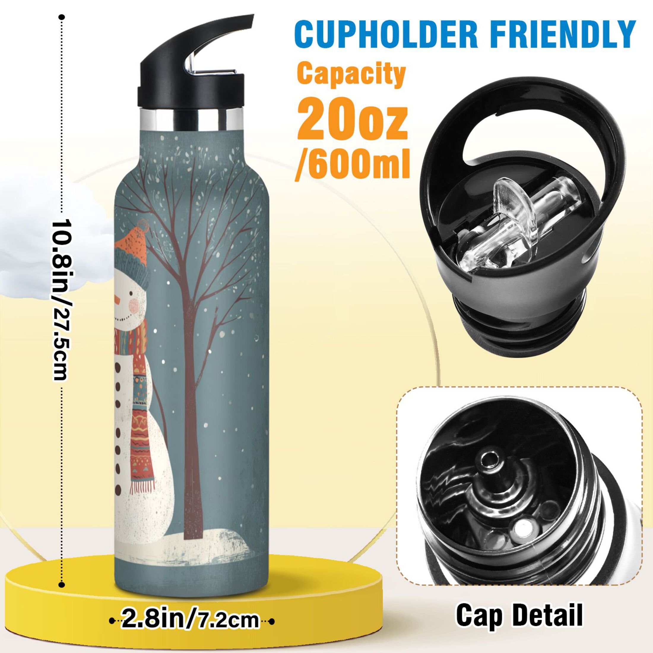 600ML Stainless Steel Insulated Cup Sports Water Bottle Portable Thermos Cup Water Glasses Insulated Tumblers Convenient and Durable Cartoon Christmas Snowmen and Bird