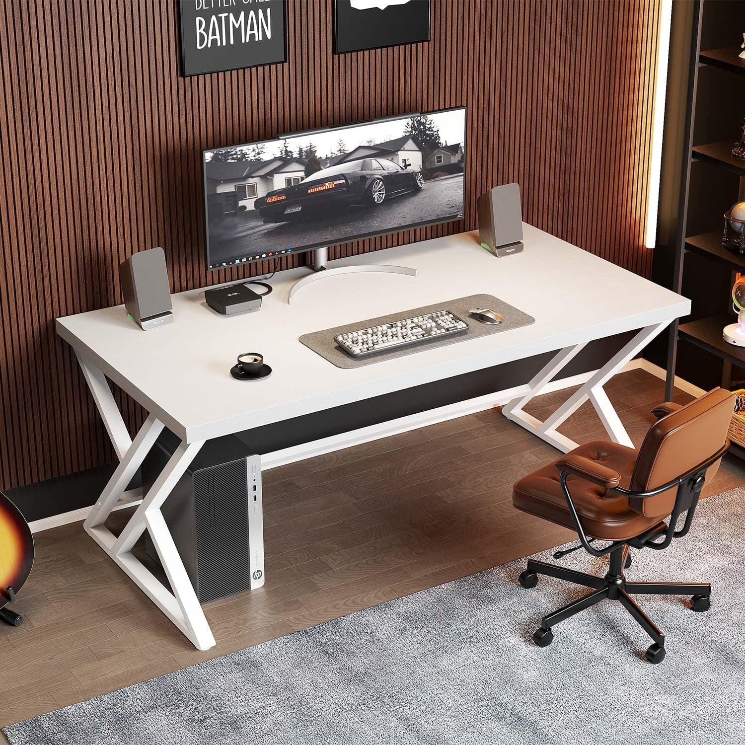 LVB White Computer Desk, Modern Wood Home Office Desk for PC Writing Work, Metal Wooden Executive Workstation Student Simple Desk, Computer Study Gaming Bedroom Table, 55 Inch, White Oak