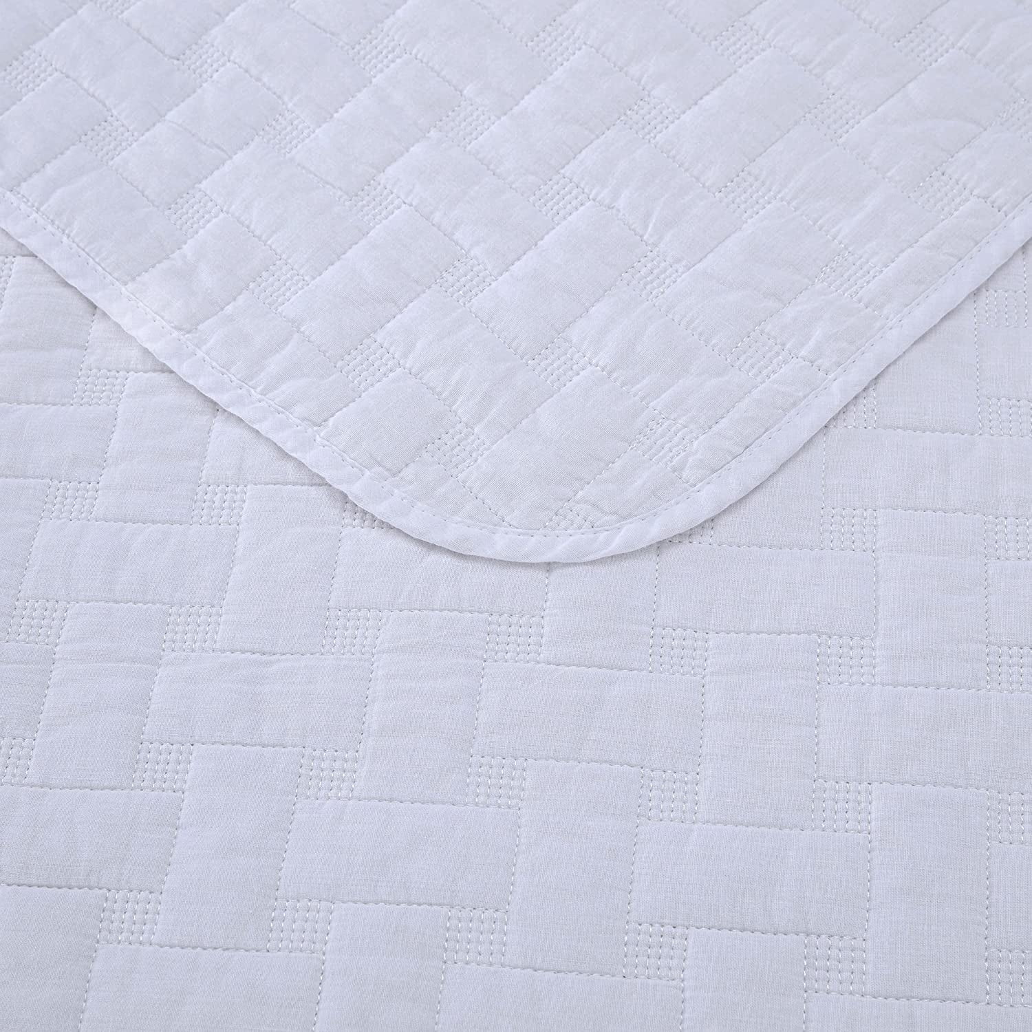 Chezmoi Collection Vert 3-Piece 100% Cotton Quilt Set King Size, White, Modern Basketweave Stitched Quilt Lightweight Washed Cotton Bedspread for All Season