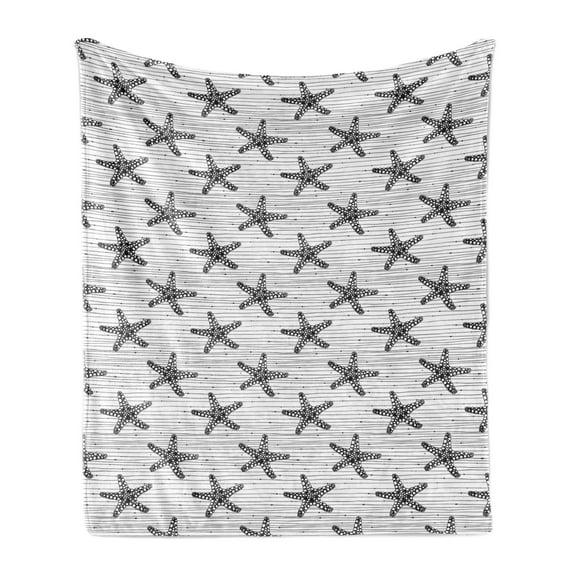 Nautical Soft Flannel Fleece Throw Blanket, Starfish Pattern on Uneven Stripes with Dots Monochromatic Image, Cozy Plush for Indoor and Outdoor Use, 60" x 80", Charcoal Grey and White, by Ambesonne