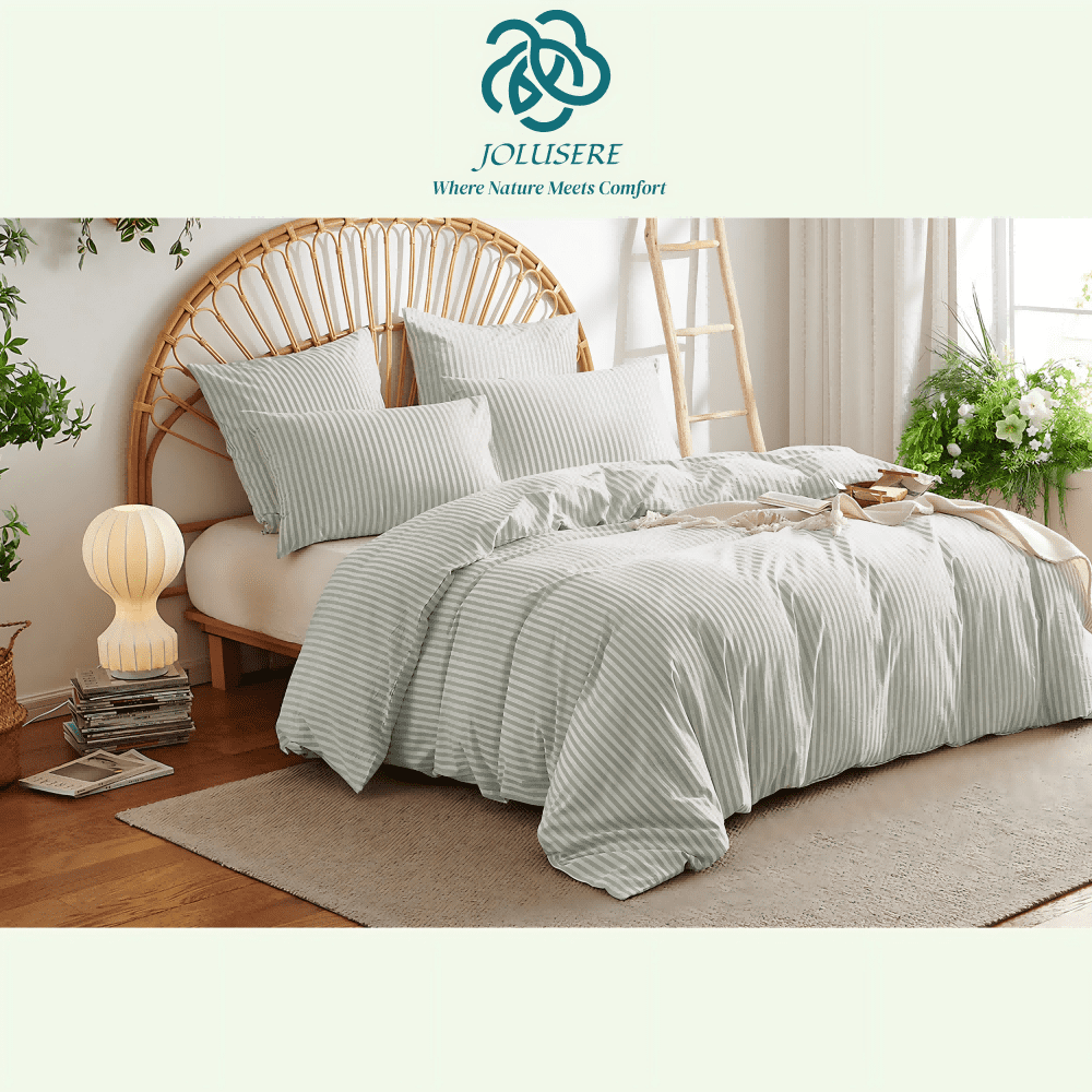 JOLUSERE 100% Organic Cotton Striped Duvet Cover King Set, 3-Piece Linen Like Textured Breathable Bedding Cover(Sage Green& White Classic Stripes)