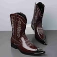 thumbnail image 3 of Men’s Embroidered Western Cowboy Boots, Pointed Toe Metal Toe Cap Block Heel, Side Zipper Vintage British Style Chunky Heel Mid-Calf Boots, 3 of 6