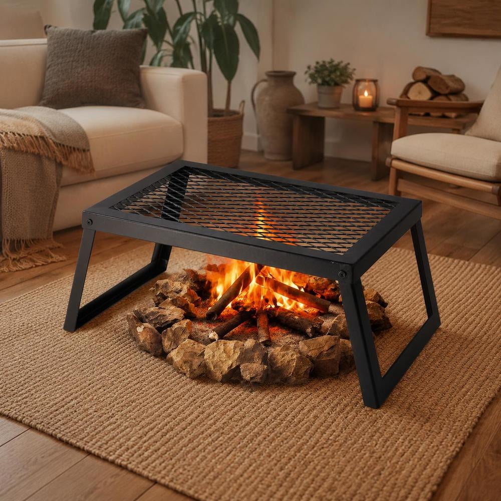 Portable Campfire Grill 18-inch Steel Mesh Grate Folding Legs Carrying Bag for Open Flame Cooking