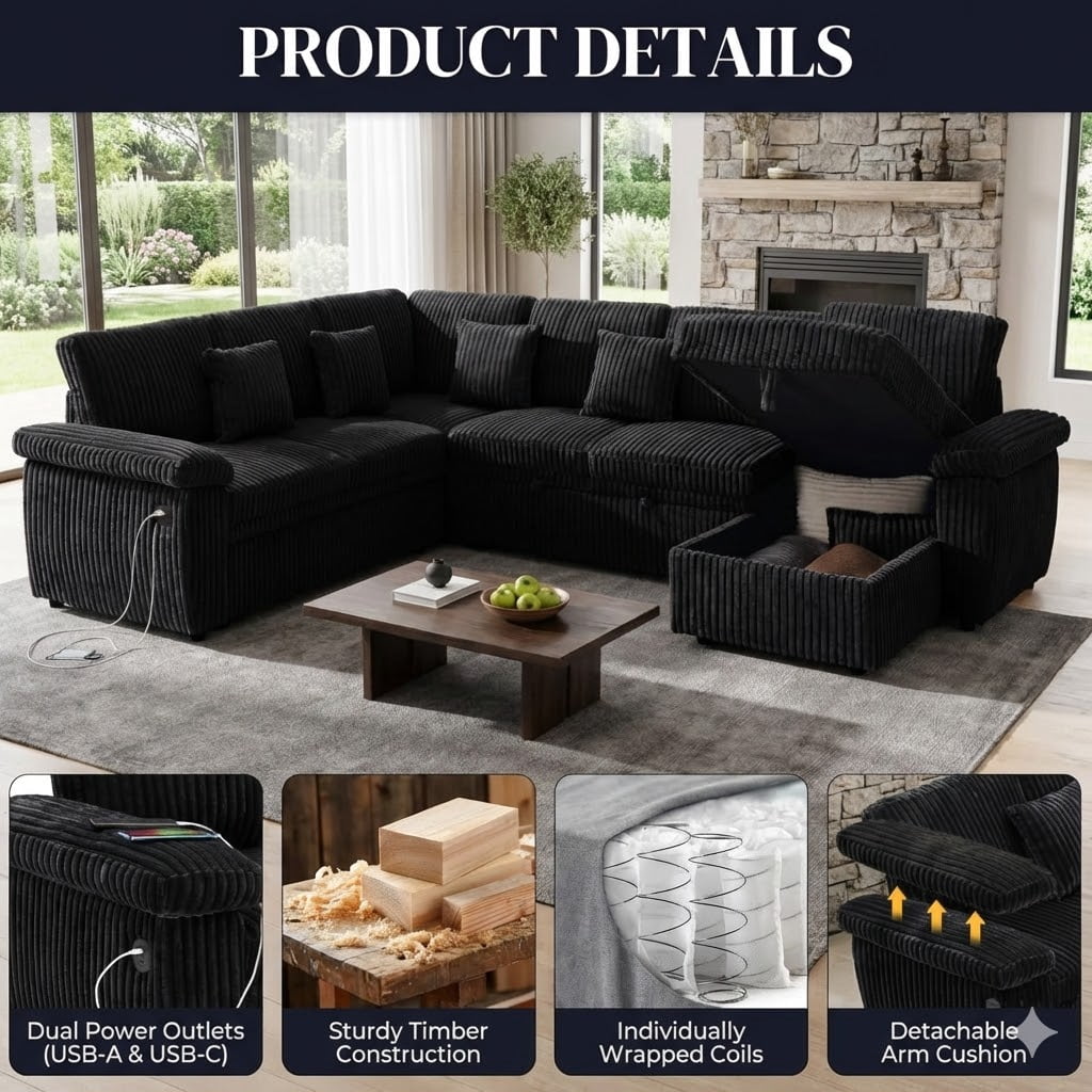 Howcool Modular Sectional Sleeper Sofa with Pull-Out Bed, U-Shaped Convertible 7-Seat Cloud Couch with Storage Chaise & USB Charging, Plush Corduroy Sectional for Living Room,Black