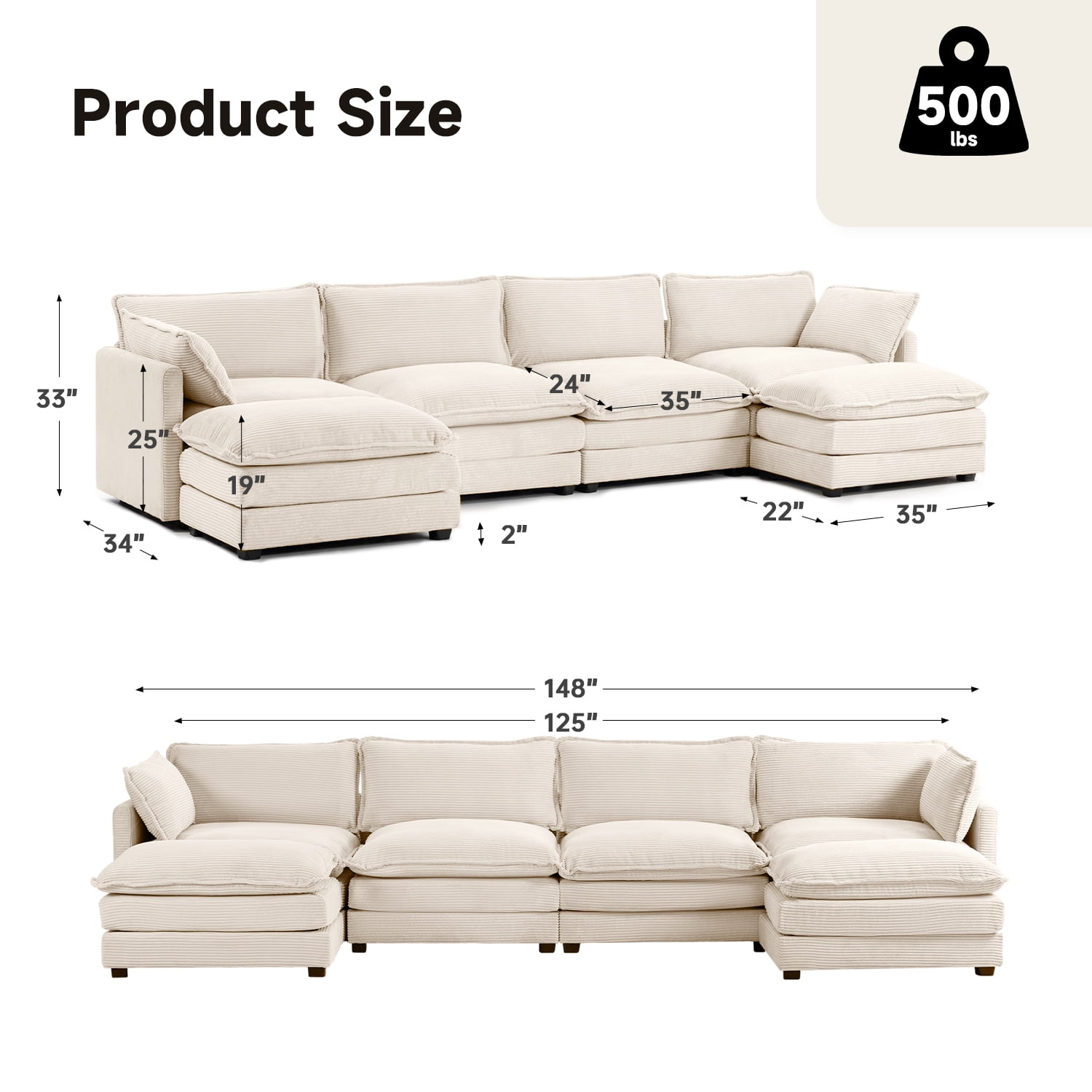 JUSTLET U-Shaped Sectional Sofa Set, Indoor Furniture Convertible Modular Corduroy Sectional Sofa Set with 2 Ottomans for Living Room,Beige