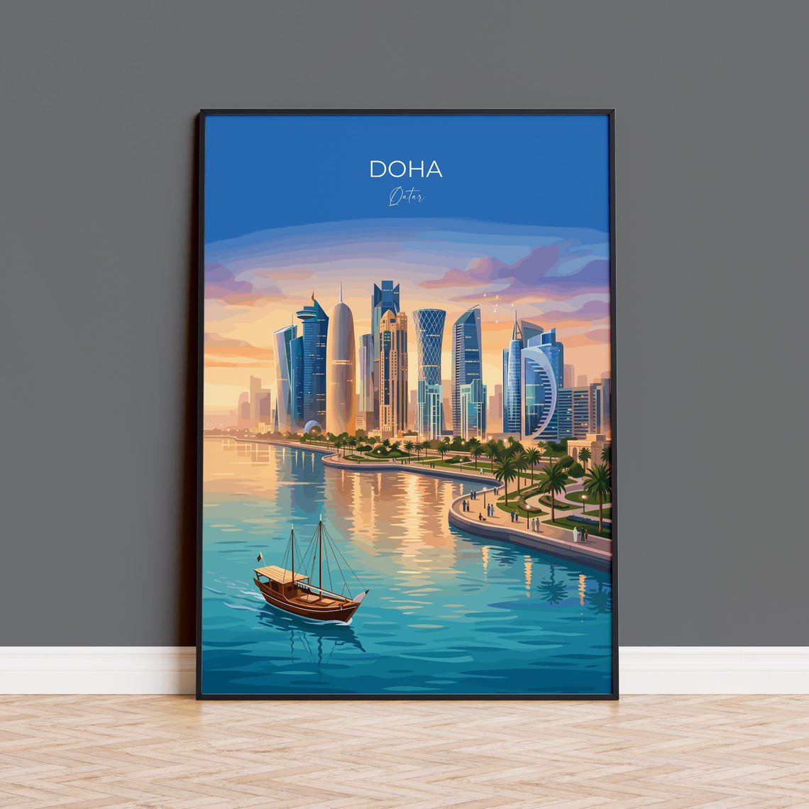 Doha Qatar Travel Print Doha Skyline Wall Art Modern Cityscape Poster Arabian Gulf Illustration Vintage Style Middle East Decor