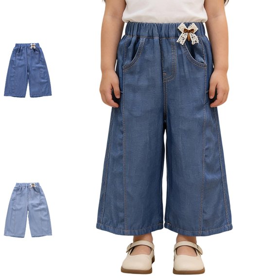 UJNDER Girls Lightweight Denim Floral Wide Leg Straight Trousers Loose Fit Comfort Wear Girls Wide Leg Pants,02_Dark Blue,5-6 Years