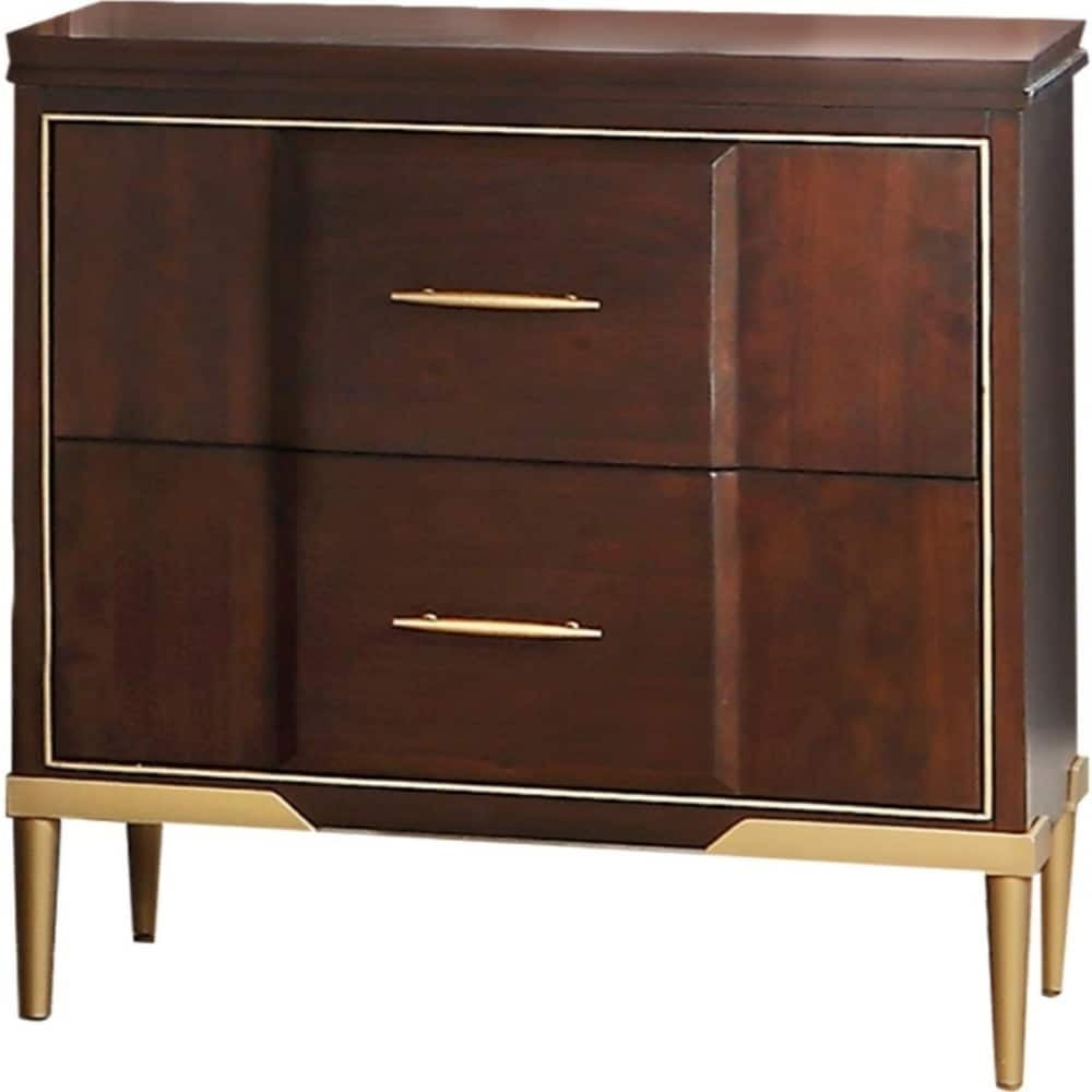 Benzara Wooden Two Drawer Nightstand With Gold Plated Metal Trim