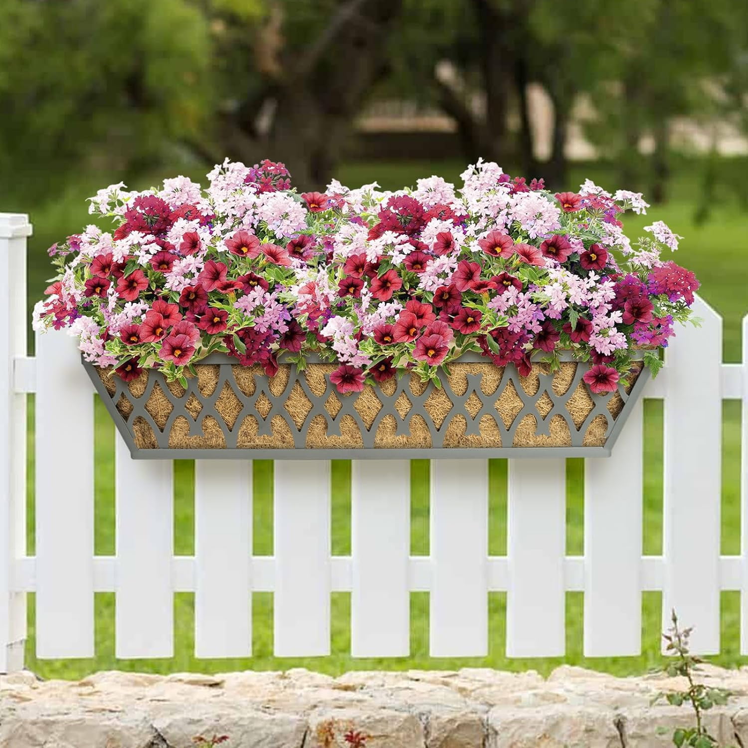 2 Pack 24 Inch Window Boxes Planters Railing Planter Box with Adjustable Brackets for Porch Fence Patio Balcony Hanging Flower Baskets with Coco Liners for Outdoor Garden Décor - Black