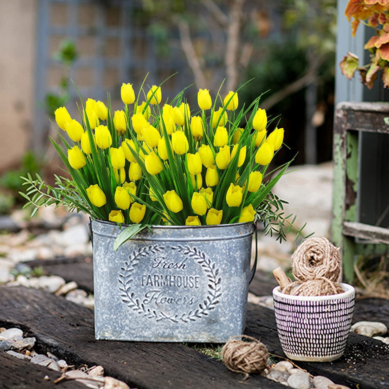 Outdoor Artificial Tulips Fake Flowers UV Resistant Faux Plastic Greenery Shrubs Plants for Home Outside Garden Porch Window Farmhouse Decor (Yellow)