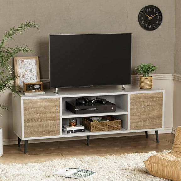 Furmax Mid-Century 2-Door TV Stand for TVs up to 65", White&Walnut