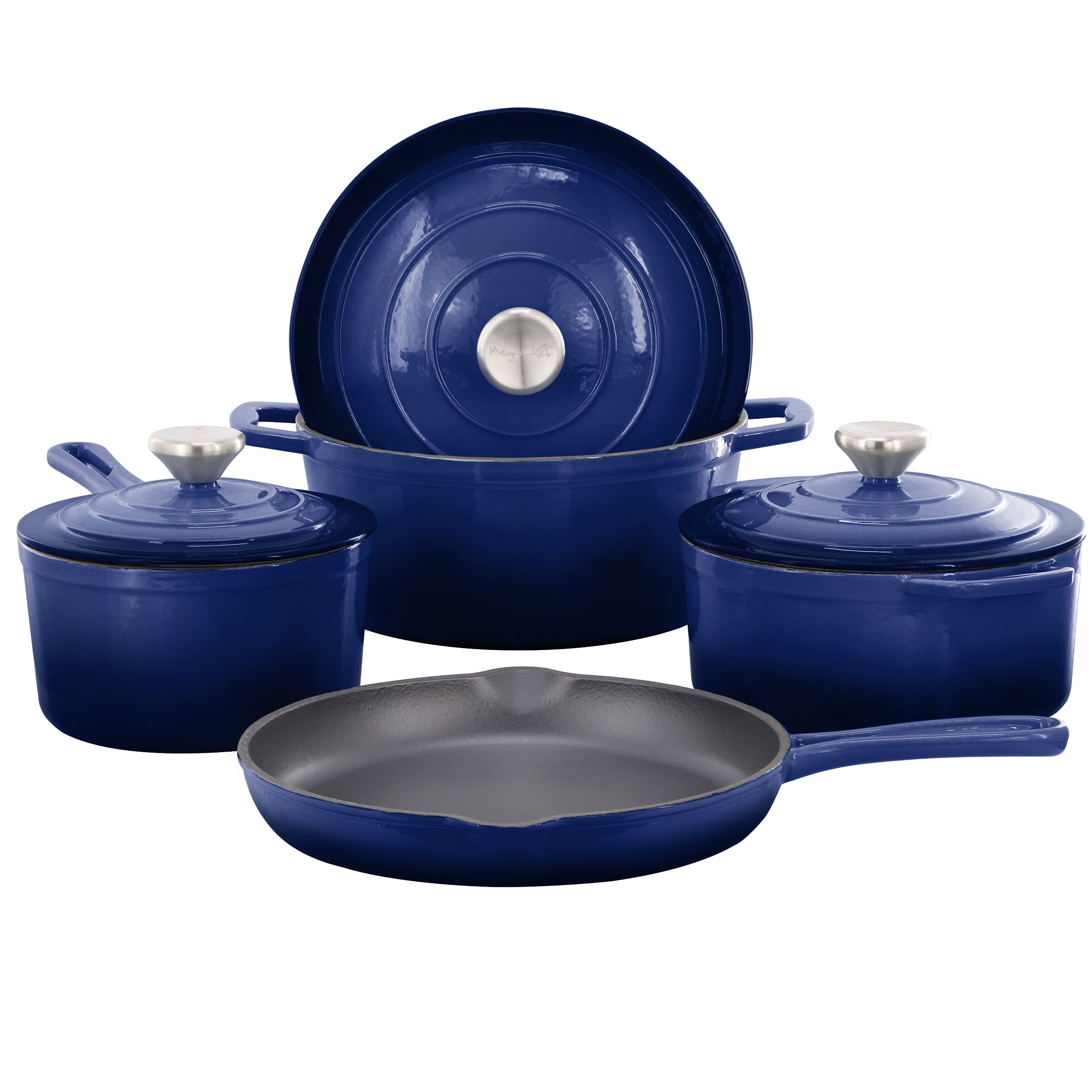 MegaChef 7 Piece Enameled Cast Iron Cookware Set in Blue