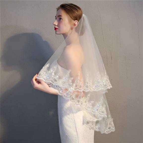 GASTROPOD Simple Two-layer Sequined Lace Wedding Veil Short Cathedral Bridal Veil with Comb