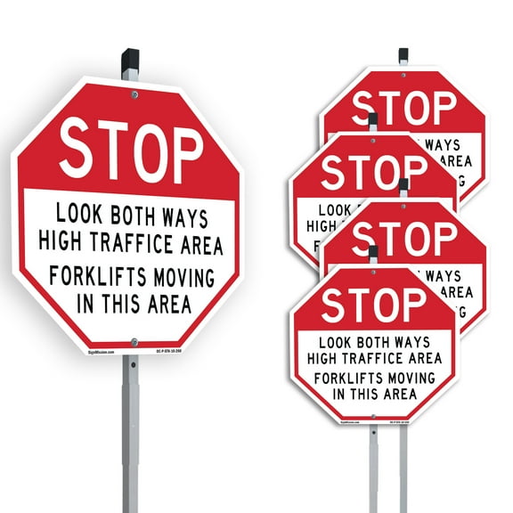 Stop Look Both Ways High Traffic Area Forklifts Moving in This Area (5 Pack) 10 inch X 10 inch Octagon Aluminum Metal Signs with Aluminum Mounting Stakes Weather Resistant UV Protected