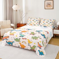 Castle Fairy Cartoon Dino 4-Piece Full Size Sheets for Child Preppy,Rainbow Dinosaur Bed Sheets,Kawaii Animal Lightweight Sheet Sets,Luxury Bedroom Decor