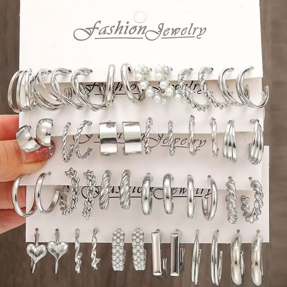 24 Pairs Silver Hoop Earrings Set for Women, Trendy Fashion Jewelry Multipack with Chunky Huggie Pearl Heart Geometric Earrings