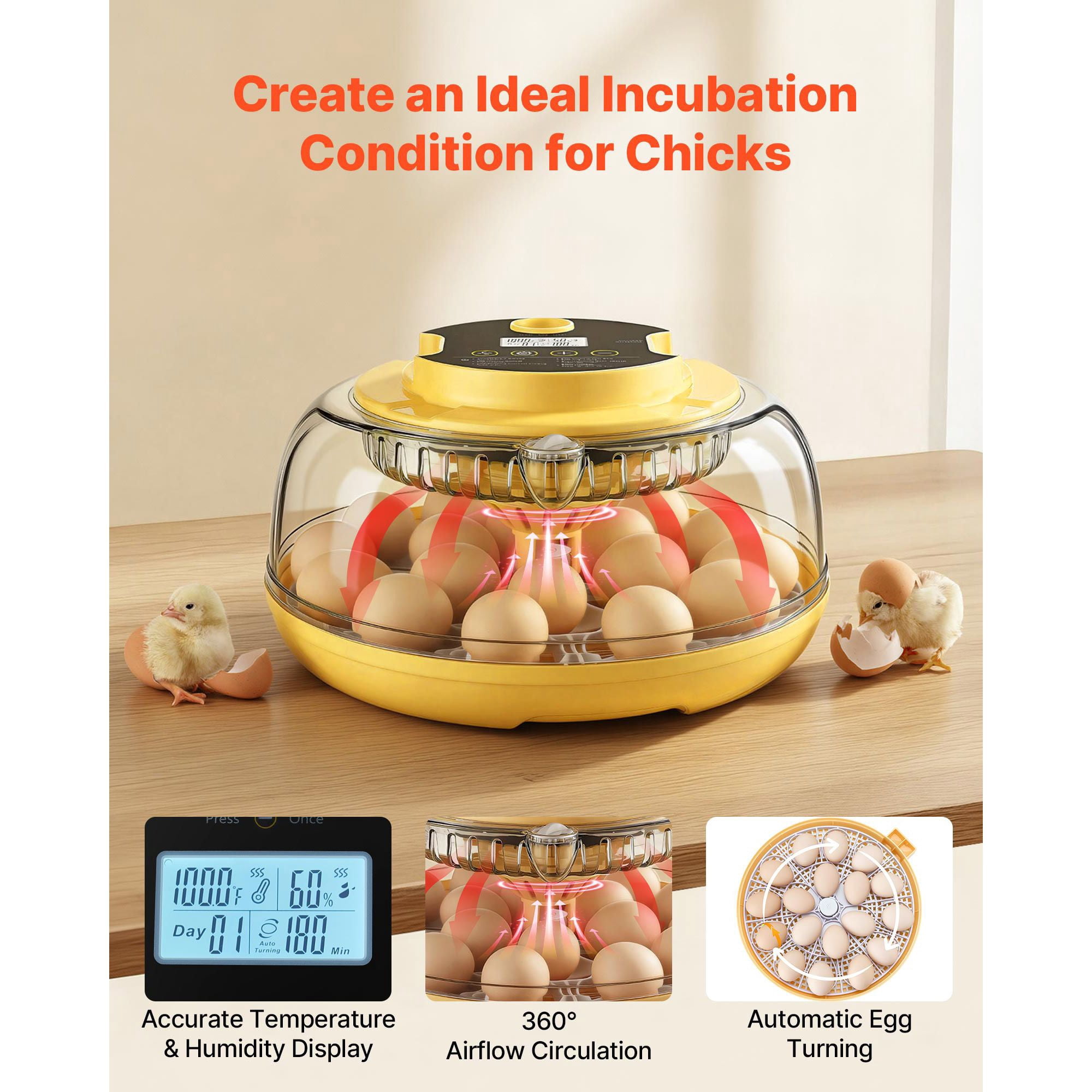 18 Egg Incubator, Automatic Egg Turner with LED Candler, Temperature & Humidity Control, 360° View Clear Window, Auto Water Refill, for Hatching Chicks, Ducks, Goose & Quail