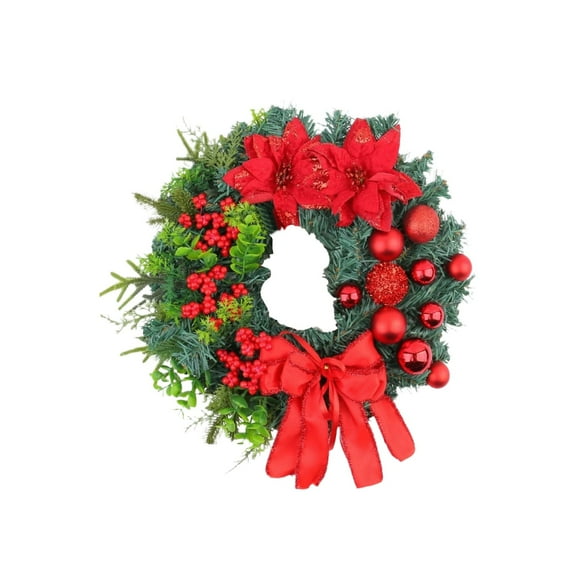 Christmas Wreath with LED Light, Red Bow & Ball, Large Red Flower Navidad Party Wreath for Door, Wall, Window, Fireplace, Balcony, Garden, 12 Inch, A, Wreath