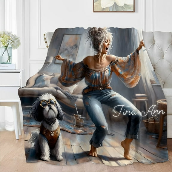 1pc CozyLife Contemporary Style Flannel Fleece Throw Blanket, Elegant Lady and Dog Dancing Print, Soft and Skin-Friendly, Lightweight, All-Season Multipurpose Blanket