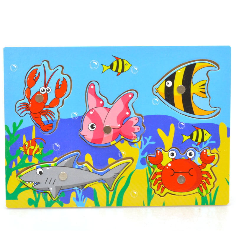 Kids Educational Wooden Magnetic Fishing Game 3D Jigsaw Fishing Puzzle Toy Gifts 