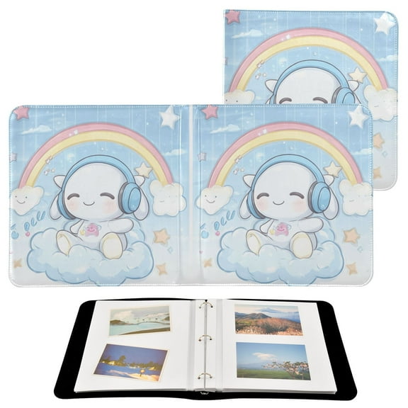 Leather Cover Photo Album 80 Pockets 4x6 Photos Bookshelf Picture Album Lovely Rabbit Rainbow Clouds Stars