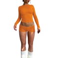thumbnail image 2 of Diconna Ensemble de Vêtements pour Femmes Shorts Automne Couleur Unie Ajusté Col Rond Manches Longues Crop Tops Shorts 2 Pcs, 2 of 5