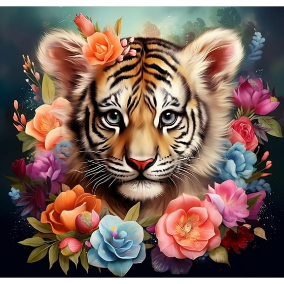 Cute Little Tiger among Flowers DIY 5D Diamond Art Painting by Number Kits for Adults Paint with Full Drill Round Diamond Gems Painting Art Craft for Home Wall Decor 13.8x13.8inch