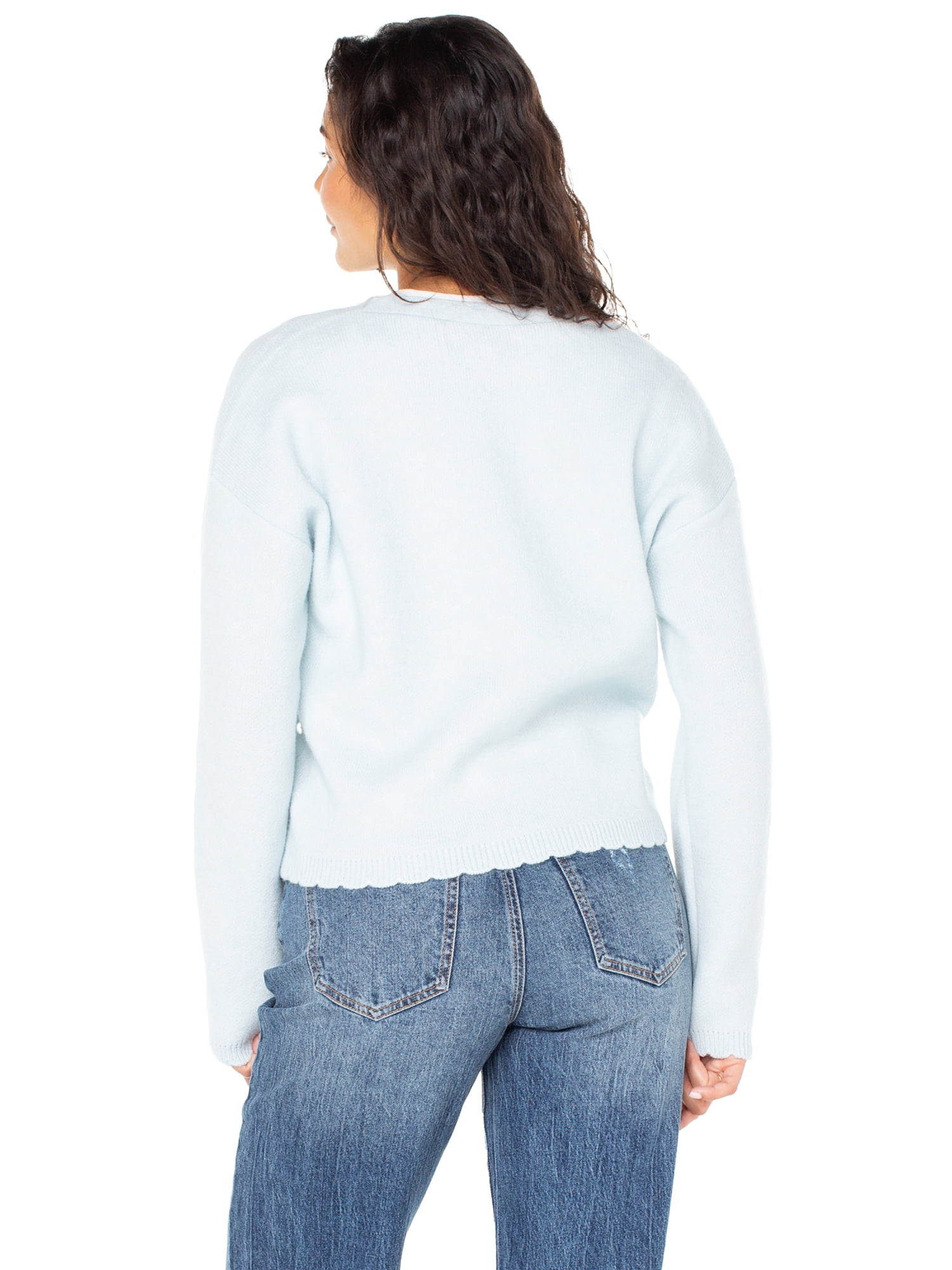 Celebrity Pink Women's Scalloped Hem Jewel Button Cardigan Sweater with Long Sleeves, Sizes XS-XXXL