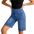 thumbnail image 2 of Swanpen Women's High Waist Stretchy Denim Bermuda Shorts, Elastic Waist Pull-On Biker Shorts with Pockets, 2 of 7