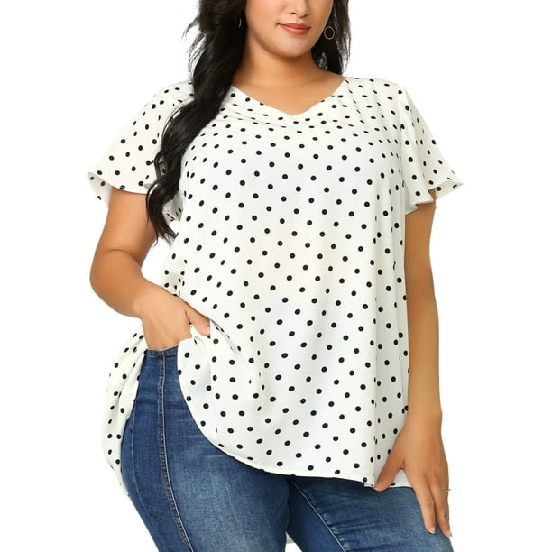 Agnes Orinda Women's Plus Size Tops V Neck Polka Dots Ruffle Short Sleeve  Blouse White 3X 