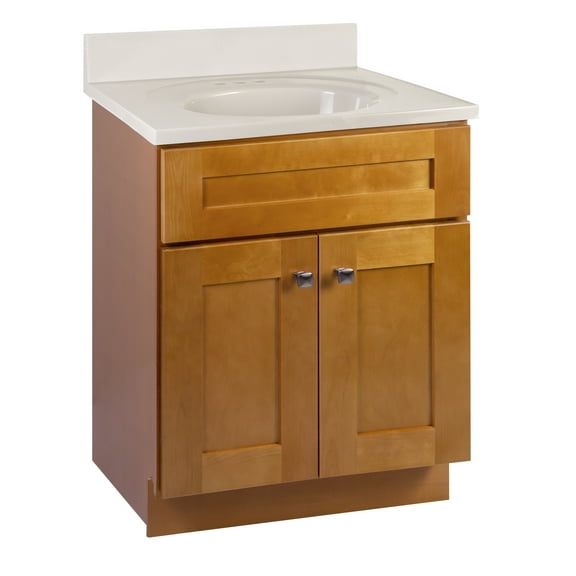 Design House Brookings 25" x 22" Ready to Assemble Shaker 2-Door Bath Vanity with Cultured Marble 4" Centerset Top, Modern Birch/Ivory Swirl