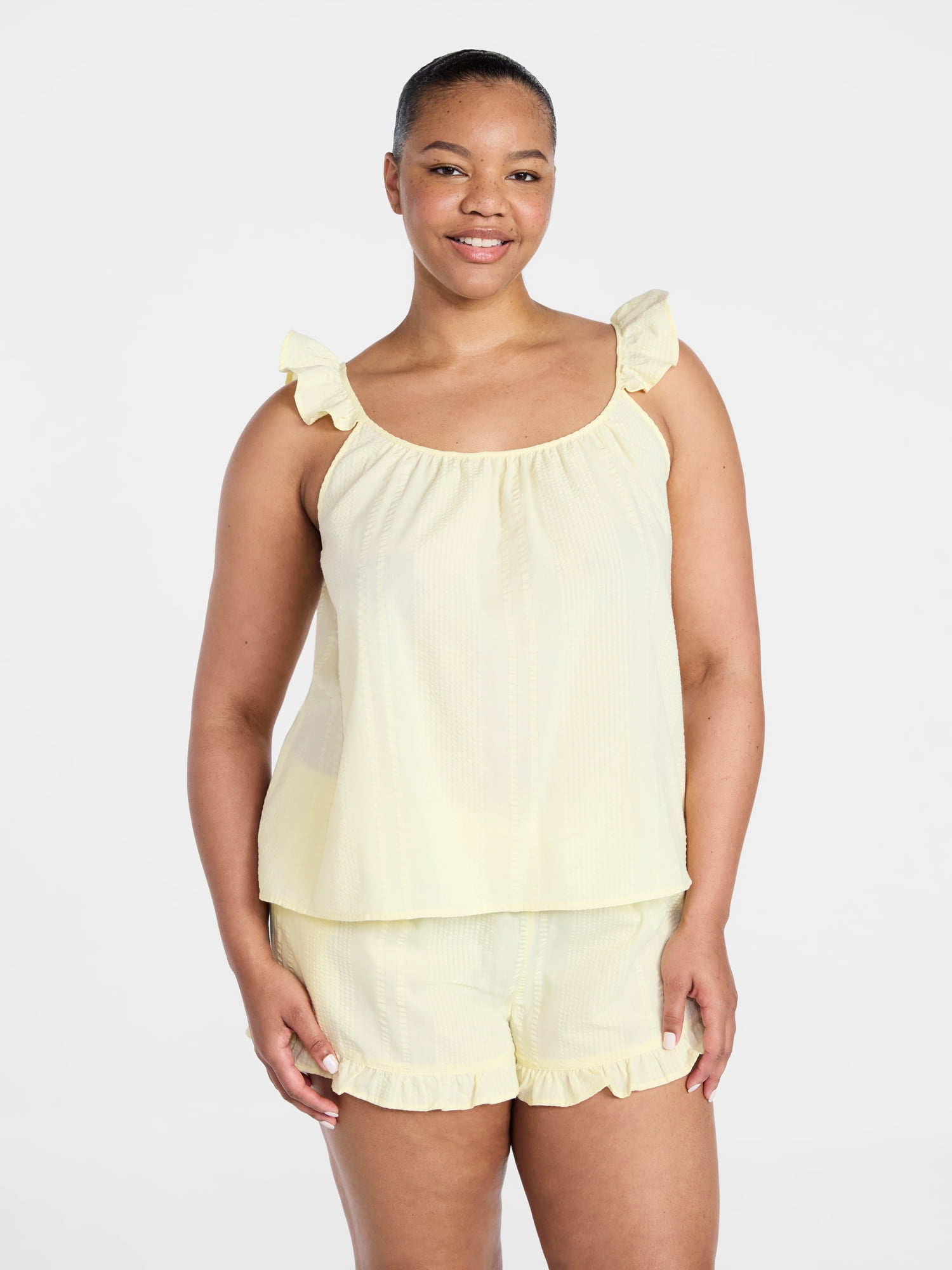 Joyspun Women's Seersucker Sleep Cami and Shorts Set with Ruffle, 2-Piece, Sizes XS-3X
