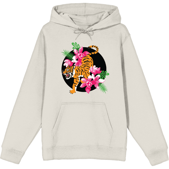Natural World Tiger & Flowers Sand Adult Long Sleeve Hoodie-Large