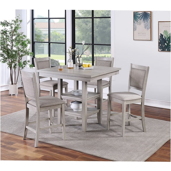 JERFIT 5-Piece Counter Height Dining Set with Square Table and 4 Upholstered Chairs, Modern Farmhouse Style, Solid Wood Construction, Gray Finish