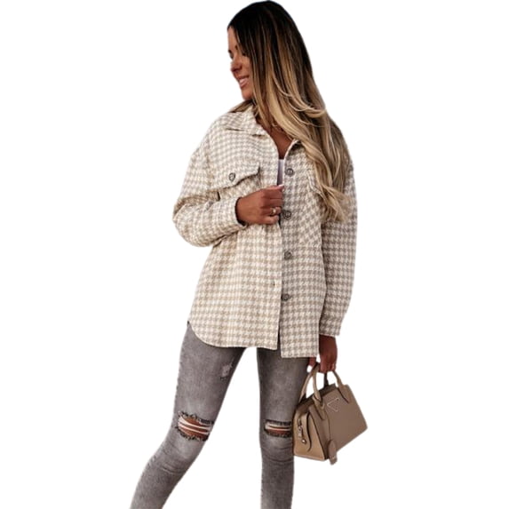 Powerdelux Women's Casual Long Sleeve Pocket Jacket Button Down Houndstooth Shirt Blouse Coat