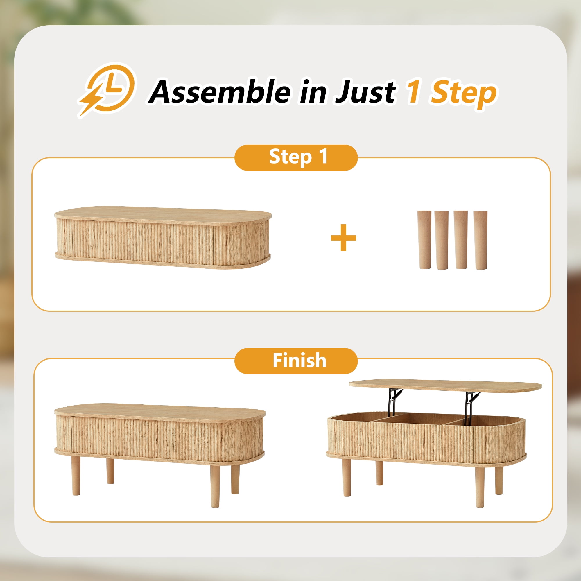 PHOYAL Wood Lift Top Coffee Table with Storage, Fluted Oval Coffee Table with Hidden Compartments for Living Room, Natural