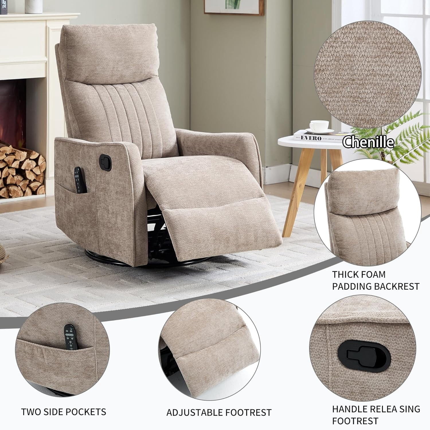 High Back Manual Recliner Chair with Heat & Massage, Swivel Rocker for Living Room Bedroom, khaki