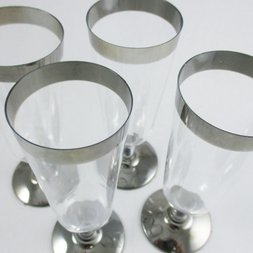 60 x Champagne Flute Disposable Wedding Party Plastic Silver Rimmed Wine Glass