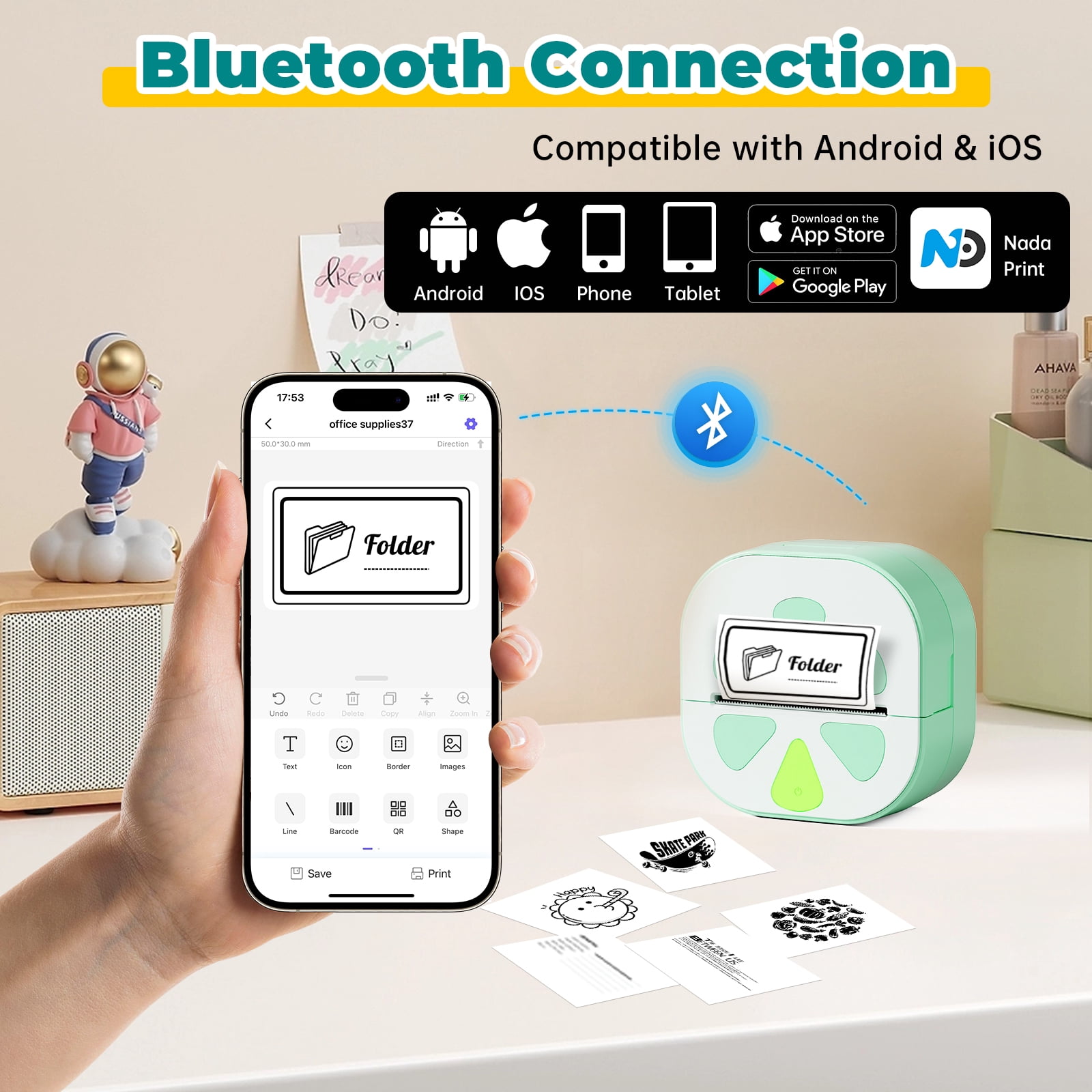 Pocket Printer for iPhone/Android, Wireless Mini Sticker Printer with 3rolls Journal Memo Photo Study, The Perfect Christmas Gift, Memo Sticker Creation, Portable Photo Printer, PINK