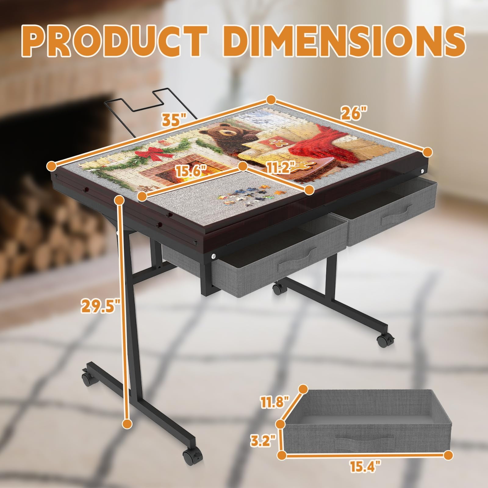 Jigsaw Puzzle Table 1500 Pieces with Drawer and Legs, Five Tilt Angle Adjustable, Portable Puzzle Table for Adults with Protective Cover, Coffee color