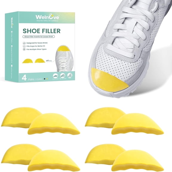 Welnove Toe Fillers for Too Big Loose Shoes, 4 Pairs Soft Memory Foam Shoe Inserts for Men & Women, Fill Gaps in Sneakers Boots Heels,Size M，Yellow