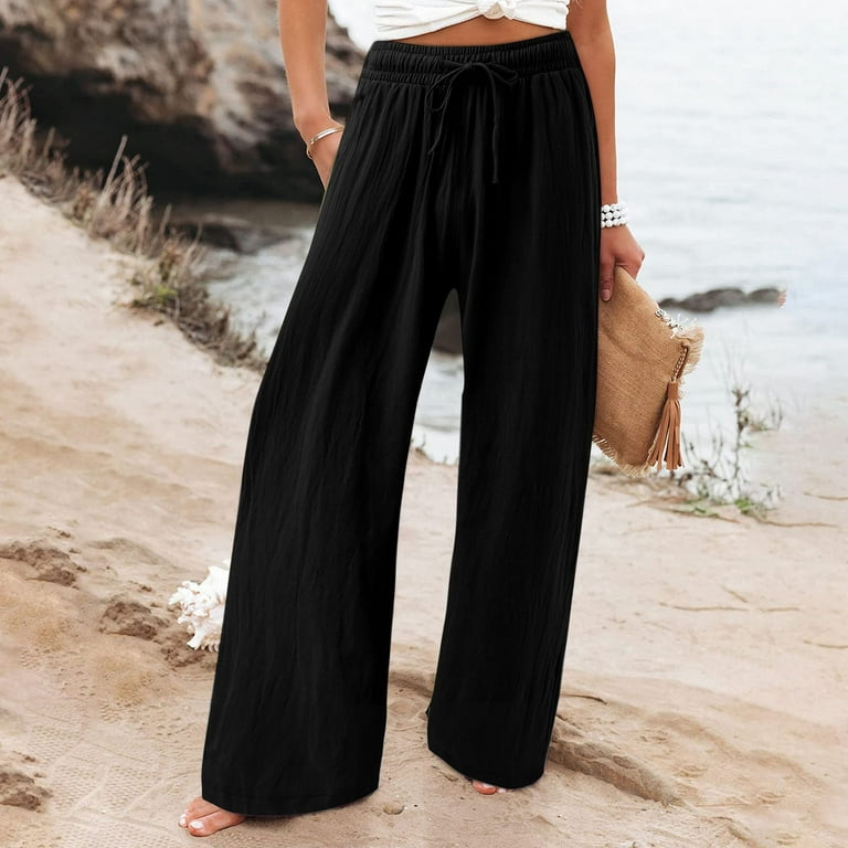 Oalirro Drawstring Pants for Women Loose Fit High Waist Pocket Black Summer  Pants XL