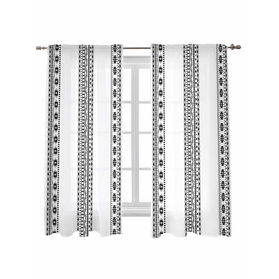 White Boho Curtains 63 Inch Length,Sheer Curtains for Bedroom Living Room Window Farmhouse Simple Abstract Striped Geometric Rod Pocket Drapes Kitchen Curtains Small Half Window 42"x63" 2 Panels