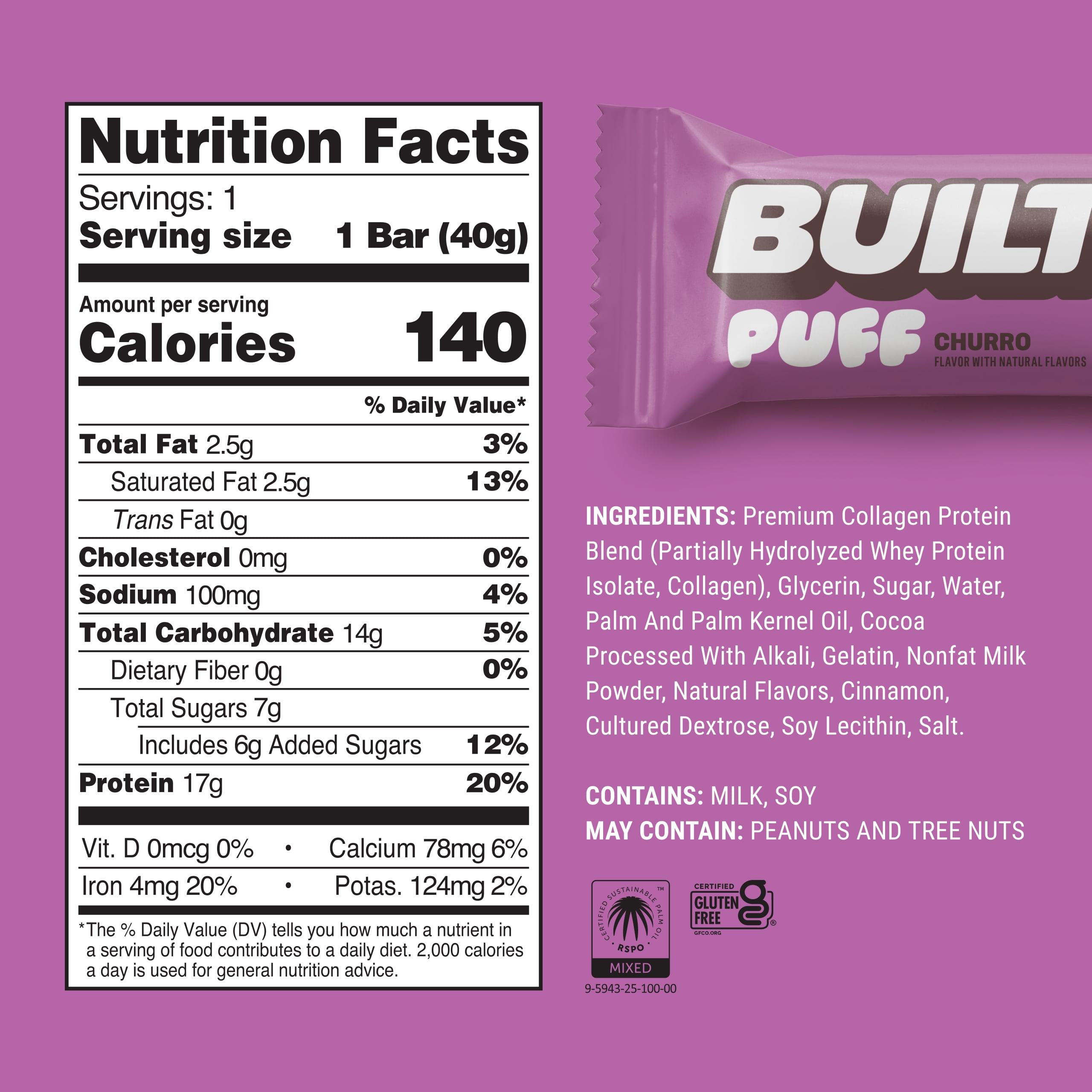 BUILT Puff Protein Bar, S'mores Chunk, 15g Protein, Collagen, 160 Calories, Single 1.52 oz Bar