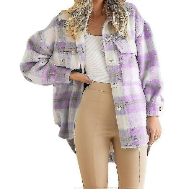 Winter Wool Coat Casual Plaid Flannel Shacket Jacket Oversized Button Down Long Sleeve Fall Shirt Jacket Coat Tops Jacket Women
