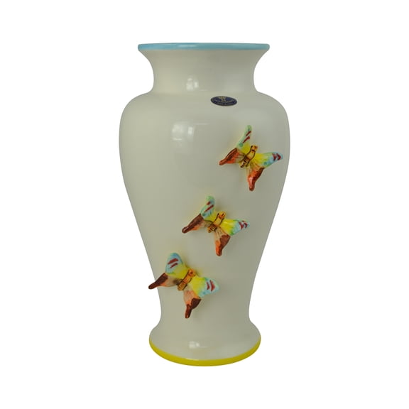 Ceramic Vase in Cream or Ivory with Multicolored Butterflies