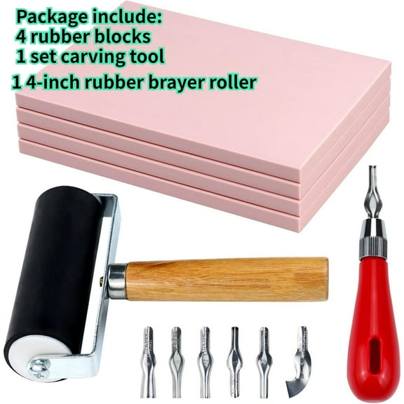 4 Pack Rubber Block Stamp Carving Blocks with Cutter Tools and Rubber Brayer Roller Multi Purpose Handmade Products for Printmaking and More Crafts
