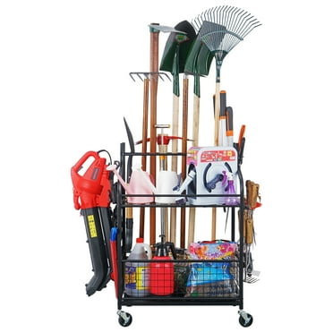 Mythinglogic Garden Tool Organizer for Garage with Wheels, Alloy Steel Yard Garage Storage Hold, Black