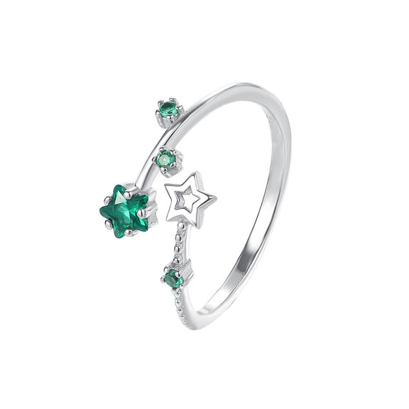 Creative Design Fashion Star Ring for Women, Sweet Green Cubic Zirconia Studded Five-Point Star Adjustable Open Band Finger Ring,Gift Present